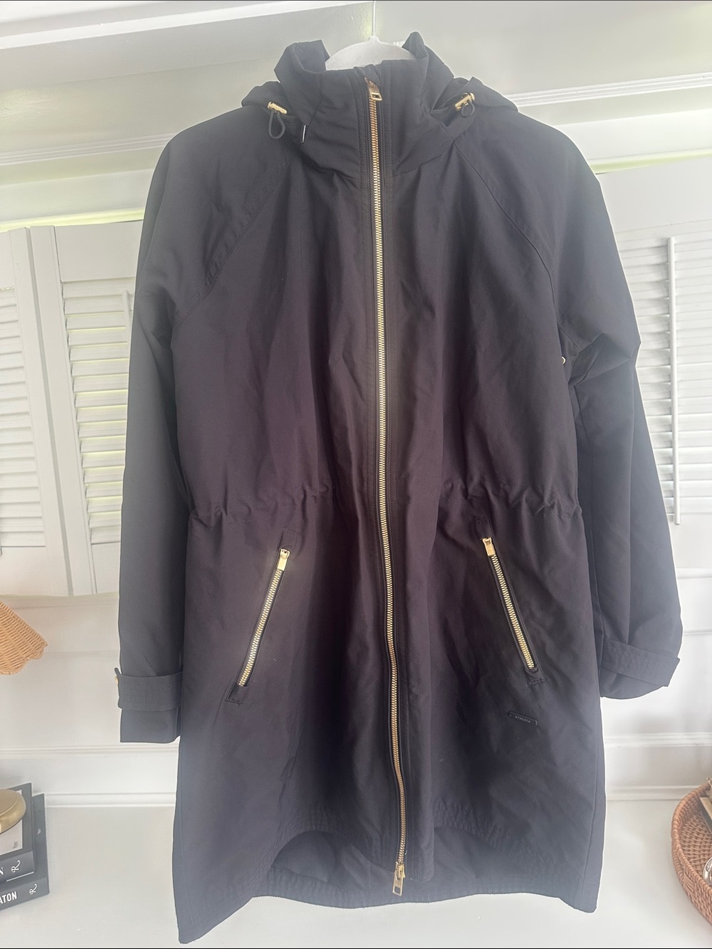 Athleta Black Hooded Trench Coat with Gold Zippers